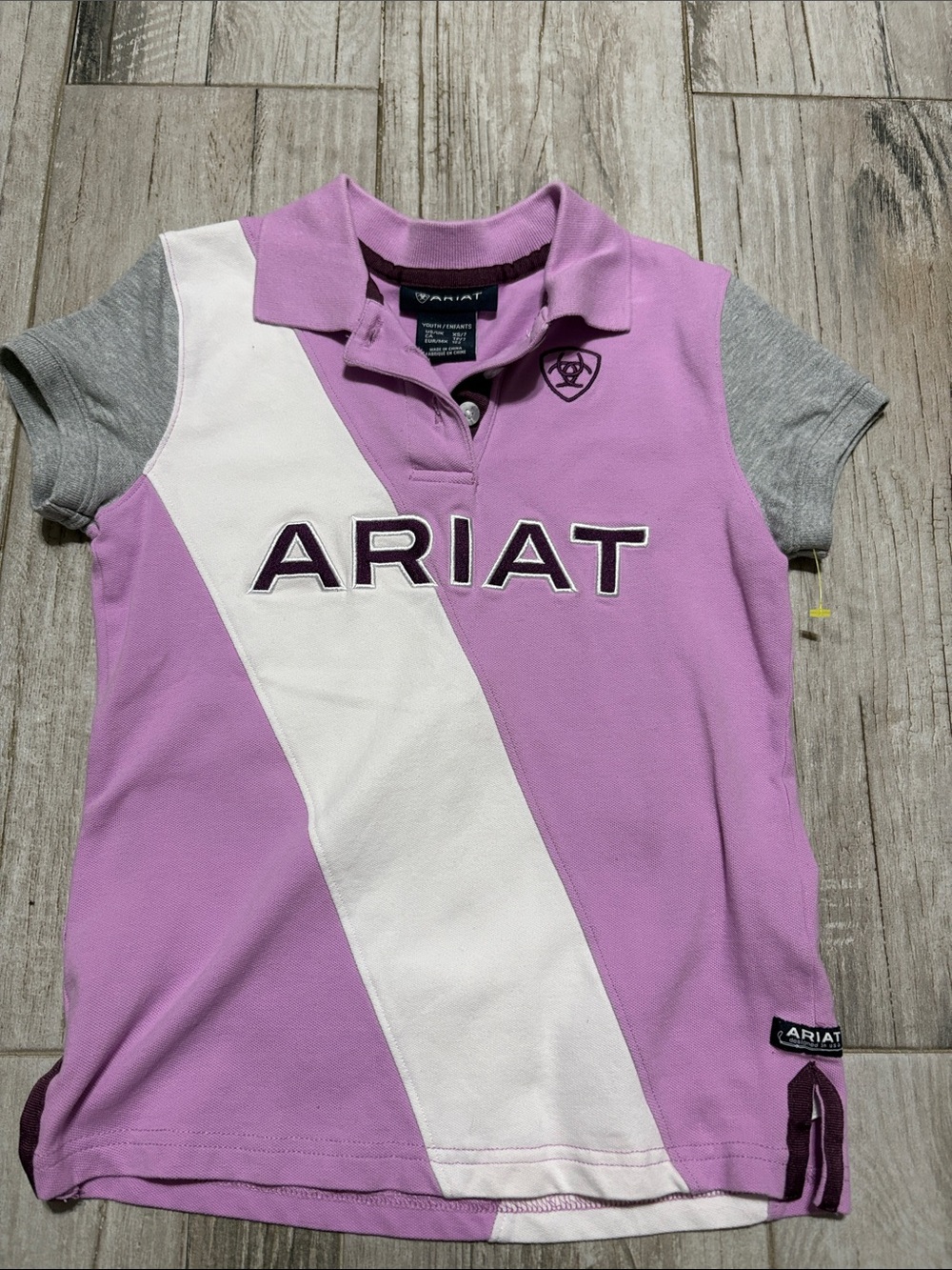 Ariat Girls' Lavender Taryn Polo with White Sash and Gray Sleeves